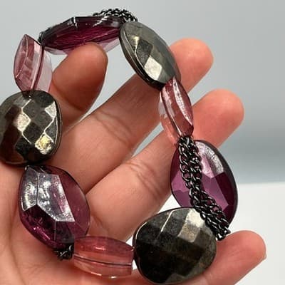 Vintage Chunky Faceted Mixed Bead Stretch Bracelet w/ Burgundy Acrylic Classic - Thumbnail 5