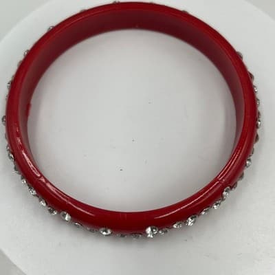 Vintage Red Lucite Style Rhinestone Bangle Bracelet Curved Accent Statement - Thumbnail 2