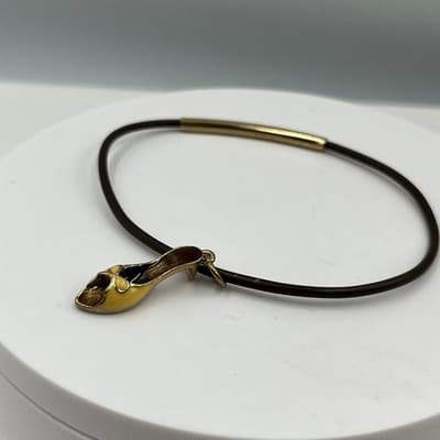 Vintage Gold Tone Enamel High Heel Ballet Slipper Charm Bracelet Brown Cord Band - Thumbnail 3