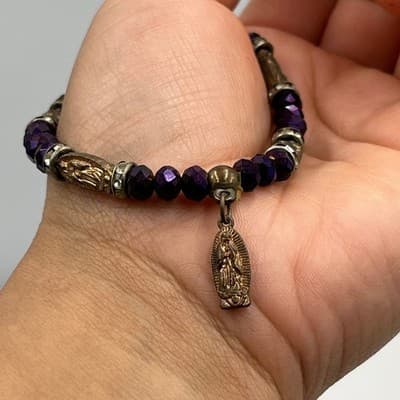 Vintage Purple Faceted Bead Bracelet Religious Medal Charm Rhinestone Spacer - Thumbnail 4