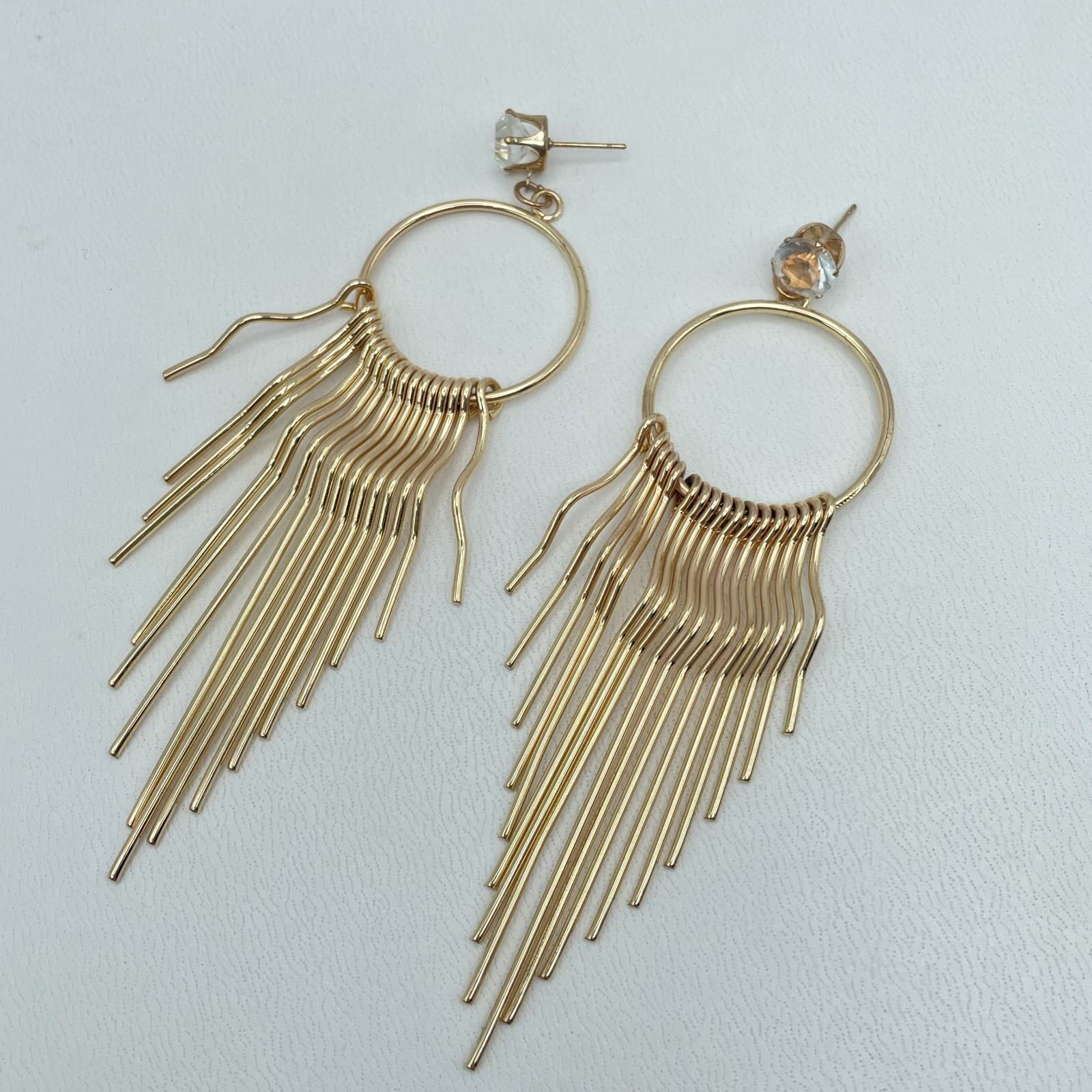 Vintage Gold Fringe Statement Tassel Crystal Stud Long Drop Dangle Hoop Earrings - Image 1