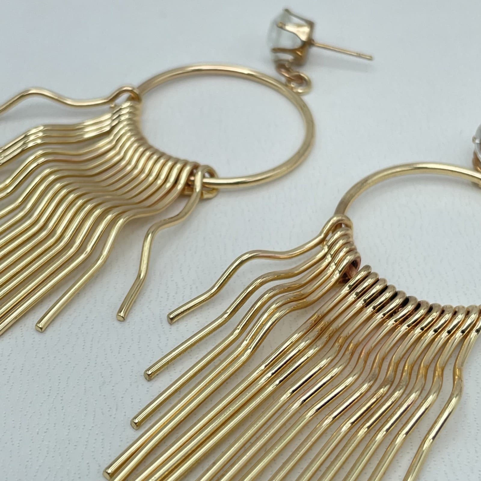 Vintage Gold Fringe Statement Tassel Crystal Stud Long Drop Dangle Hoop Earrings - Thumbnail 2
