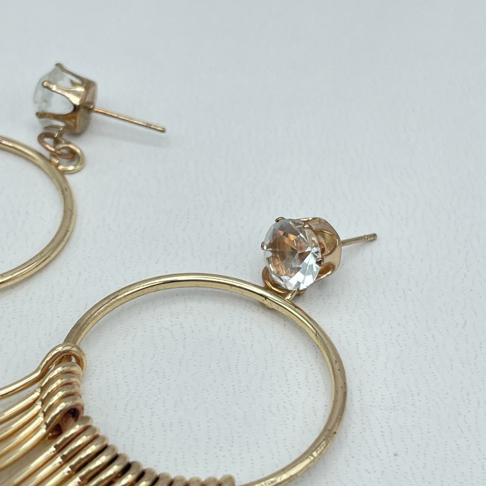 Vintage Gold Fringe Statement Tassel Crystal Stud Long Drop Dangle Hoop Earrings - Thumbnail 3