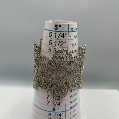 VTG Silver Tone Filigree Floral Cuff Bracelet Wide Openwork Rhinestone Statement - Thumbnail 5