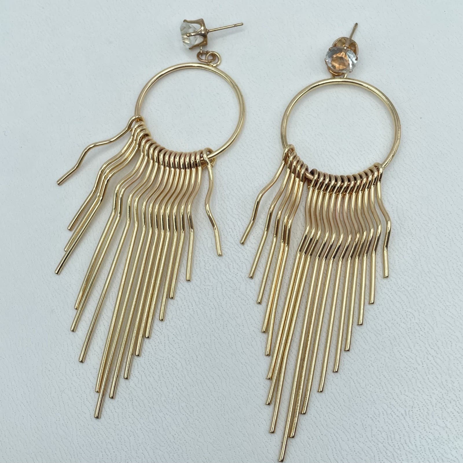 Vintage Gold Fringe Statement Tassel Crystal Stud Long Drop Dangle Hoop Earrings - Thumbnail 7