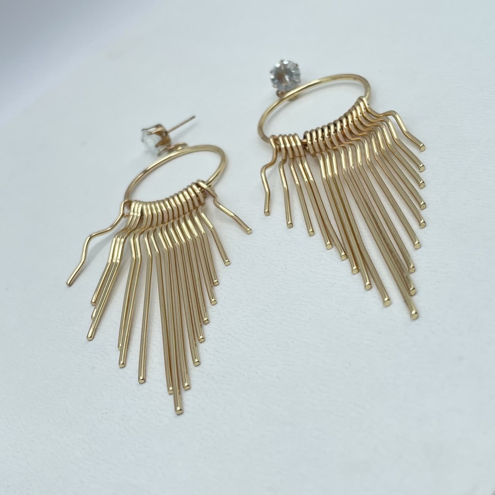 Vintage Gold Fringe Statement Tassel Crystal Stud Long Drop Dangle Hoop Earrings - Thumbnail 4