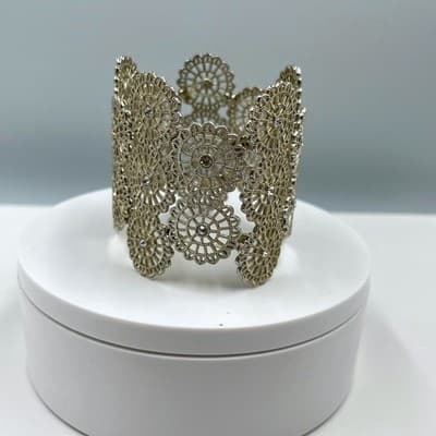 VTG Silver Tone Filigree Floral Cuff Bracelet Wide Openwork Rhinestone Statement - Image 1