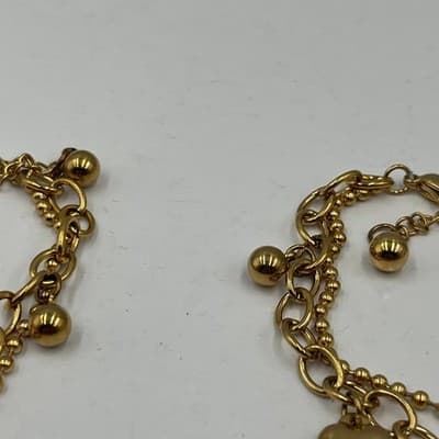 Lot of 2 Vintage Gold Tone Charm Bracelet Cross Heart Multi Chain Layered Dangle - Thumbnail 4