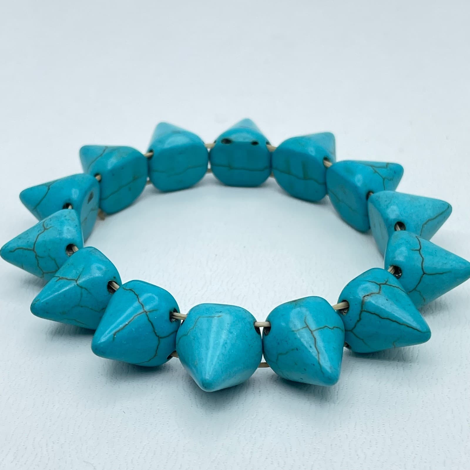 Southwestern Teal Boho-Chic Turquoise Howlite Pyramid Spike Stretch Bracelet - Thumbnail 3