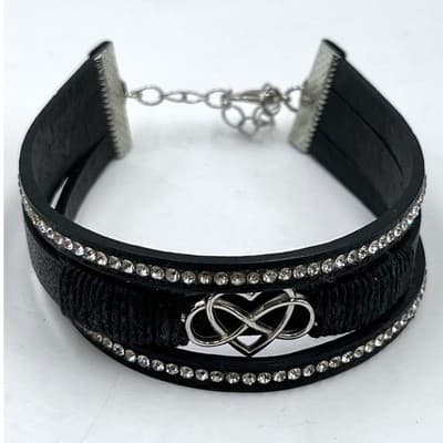 Vintage Black Leather Rhinestone Infinity Heart Bracelet Silver Tone Adjustable - Image 1