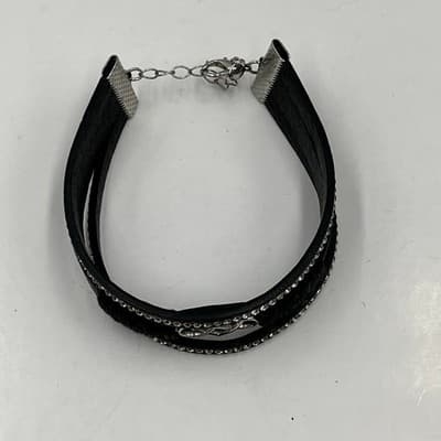 Vintage Black Leather Rhinestone Infinity Heart Bracelet Silver Tone Adjustable - Thumbnail 7