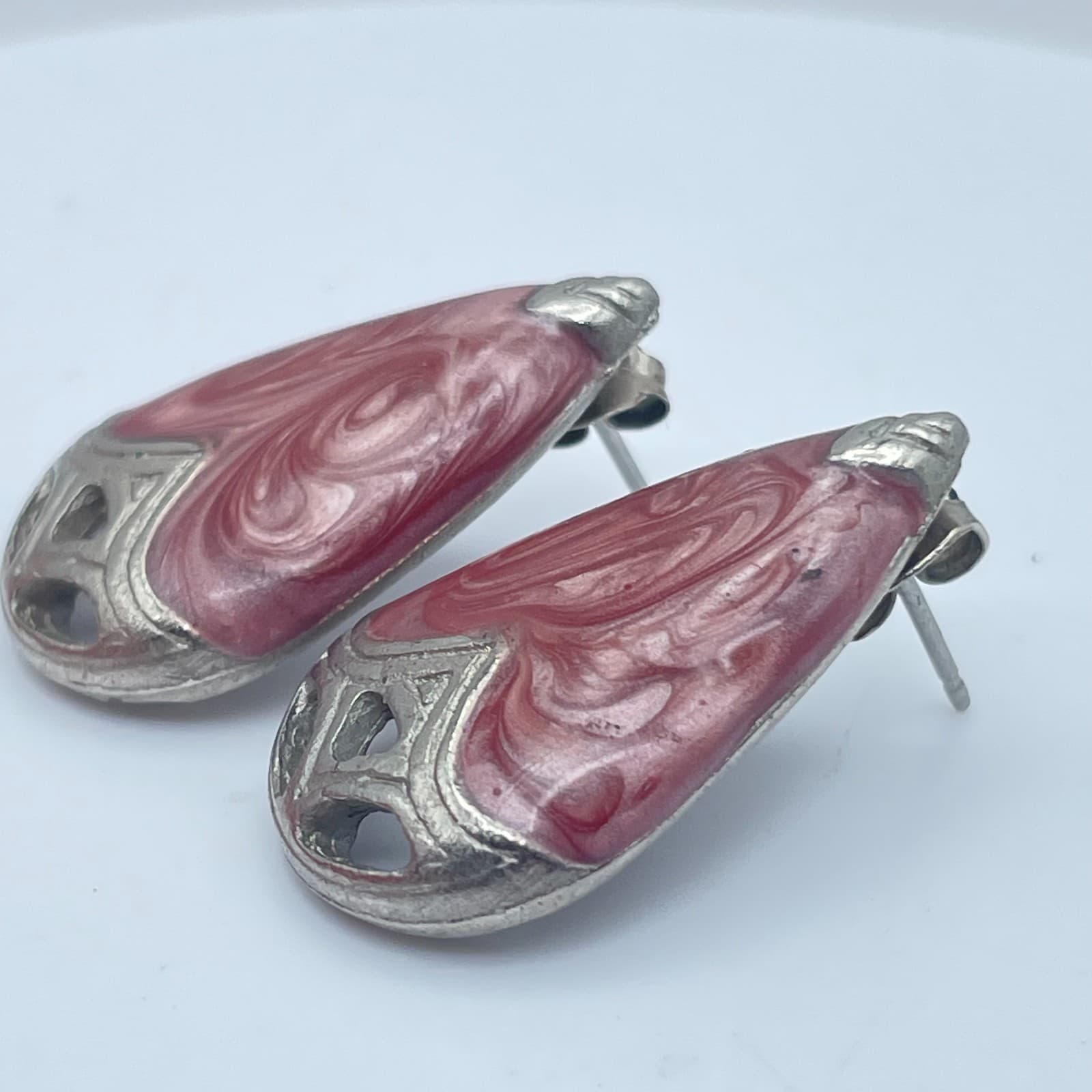 Vintage 90s Pink Swirl Enamel Teardrop Silver Tone Stud Earrings Women's Jewelry - Thumbnail 3
