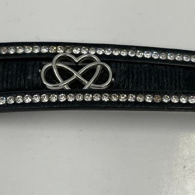Vintage Black Leather Rhinestone Infinity Heart Bracelet Silver Tone Adjustable - Thumbnail 4