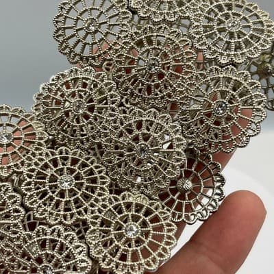 VTG Silver Tone Filigree Floral Cuff Bracelet Wide Openwork Rhinestone Statement - Thumbnail 4