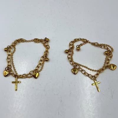Lot of 2 Vintage Gold Tone Charm Bracelet Cross Heart Multi Chain Layered Dangle - Image 1