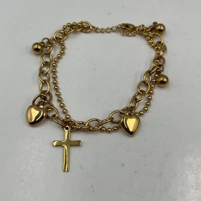 Lot of 2 Vintage Gold Tone Charm Bracelet Cross Heart Multi Chain Layered Dangle - Thumbnail 2