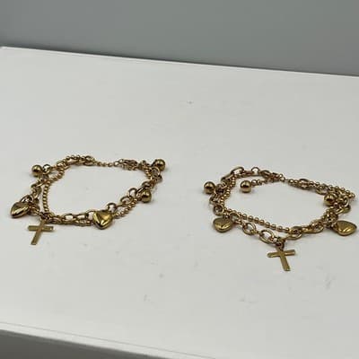 Lot of 2 Vintage Gold Tone Charm Bracelet Cross Heart Multi Chain Layered Dangle - Thumbnail 5