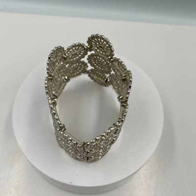 VTG Silver Tone Filigree Floral Cuff Bracelet Wide Openwork Rhinestone Statement - Thumbnail 2