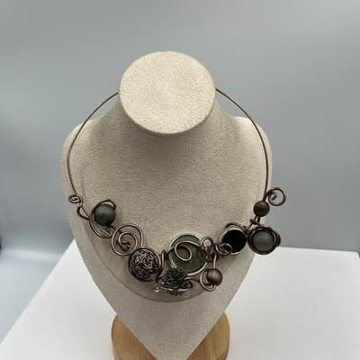 VTG Copper Tone Statement Collar Necklace Abstract Wire Wrapped Mixed Media Disk - Thumbnail 8