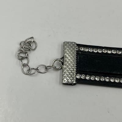 Vintage Black Leather Rhinestone Infinity Heart Bracelet Silver Tone Adjustable - Thumbnail 5