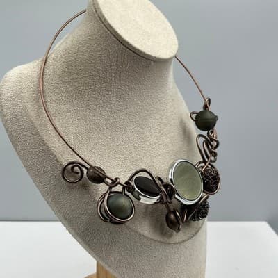 VTG Copper Tone Statement Collar Necklace Abstract Wire Wrapped Mixed Media Disk - Thumbnail 4