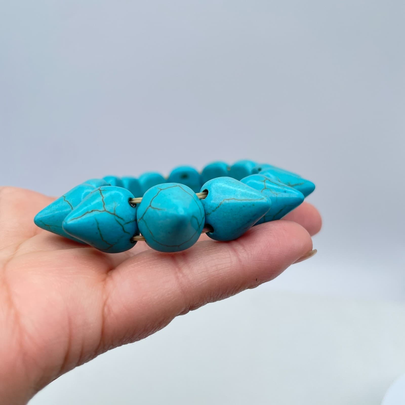 Southwestern Teal Boho-Chic Turquoise Howlite Pyramid Spike Stretch Bracelet - Thumbnail 6