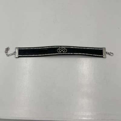 Vintage Black Leather Rhinestone Infinity Heart Bracelet Silver Tone Adjustable - Thumbnail 2