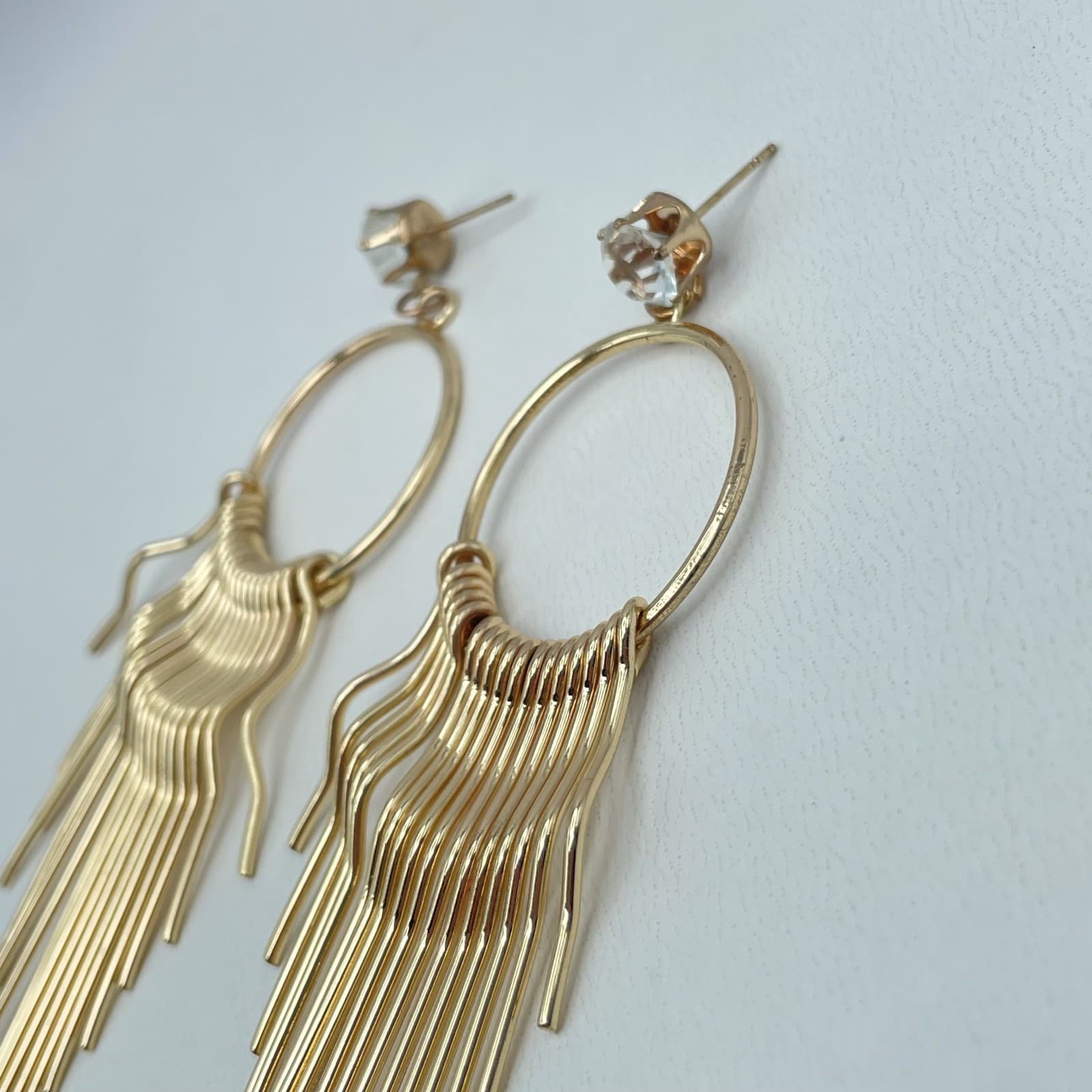 Vintage Gold Fringe Statement Tassel Crystal Stud Long Drop Dangle Hoop Earrings - Thumbnail 6