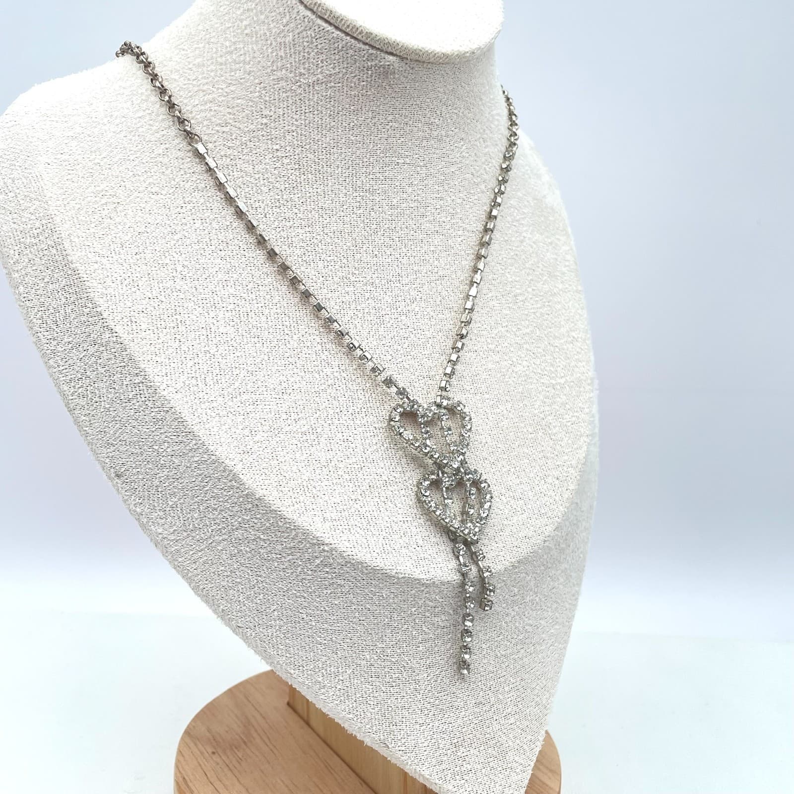 Vintage Silver-Tone Prong Rhinestone Beads Double Heart Pendant Lariat Necklace - Thumbnail 6