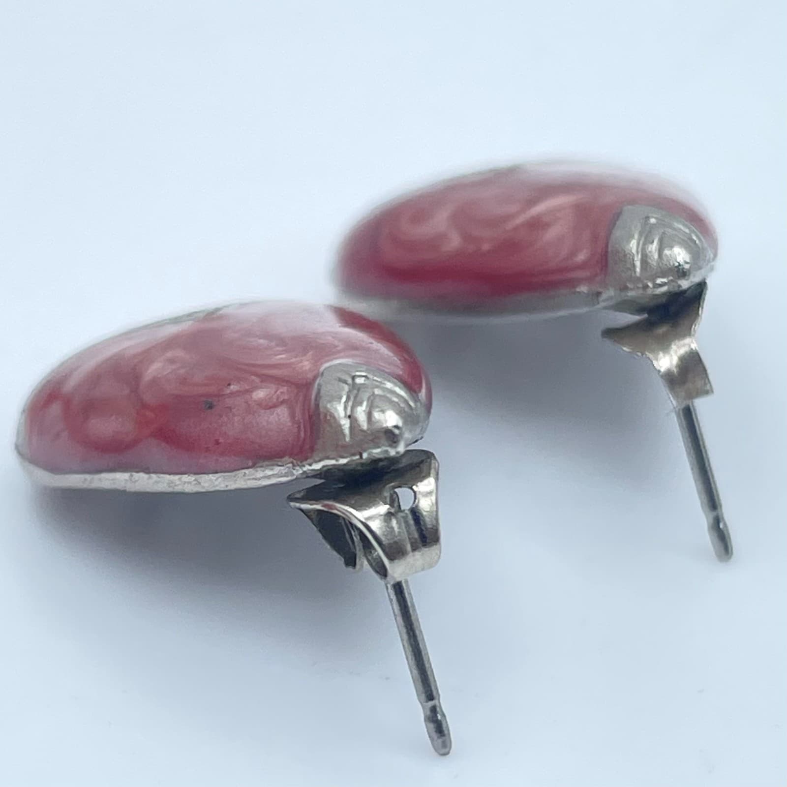 Vintage 90s Pink Swirl Enamel Teardrop Silver Tone Stud Earrings Women's Jewelry - Thumbnail 4