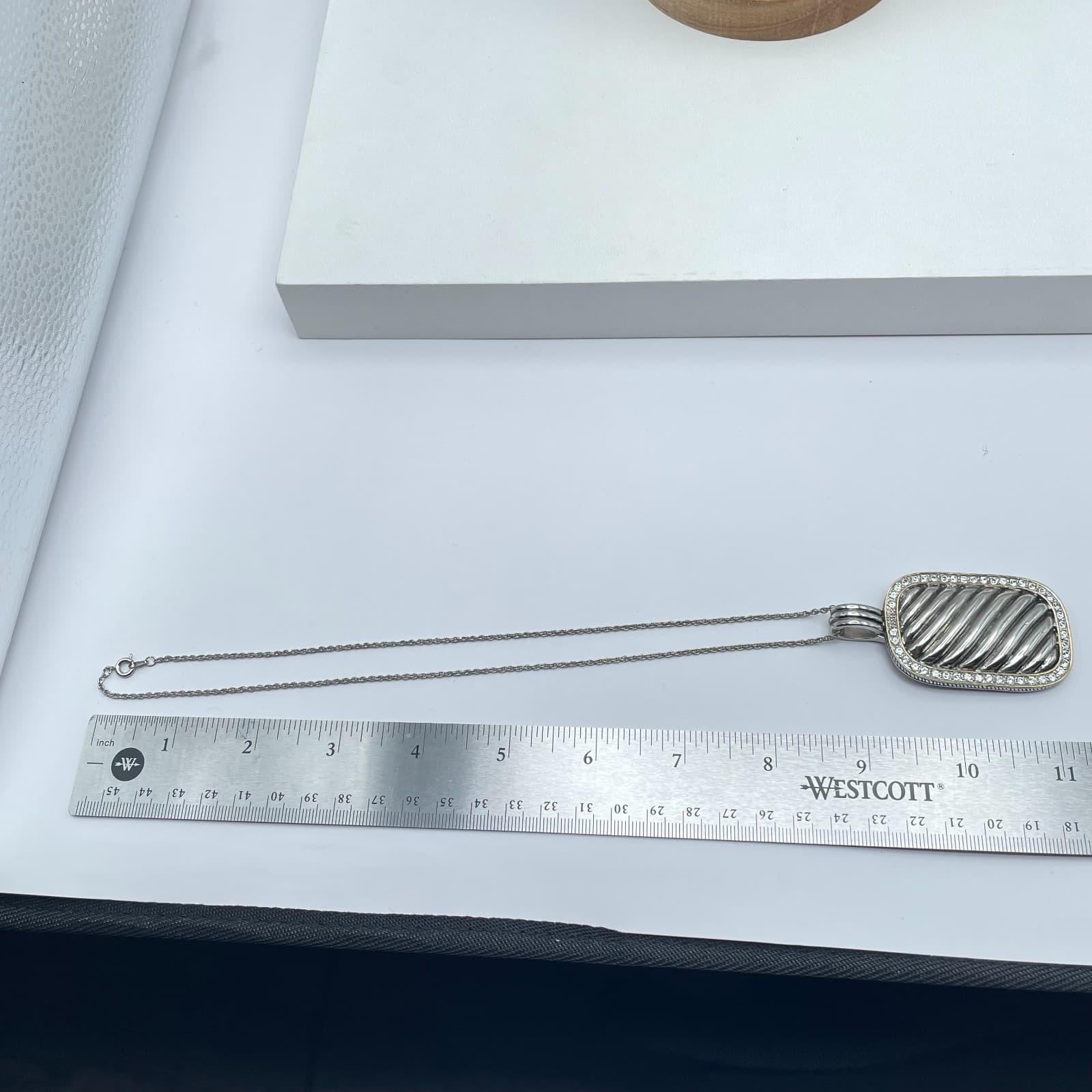 Vintage Silver-Tone Fashion Pave Statement Elongated Albion Pendant Necklace - Thumbnail 9