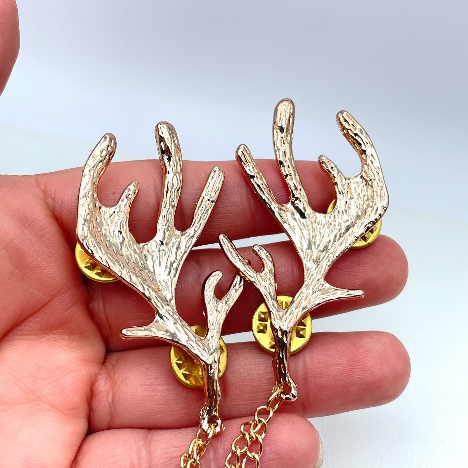 Y2K Gold-Tone Fashion Classic Curb Link Chain Reindeer Head Antler Collar Pins - Thumbnail 8