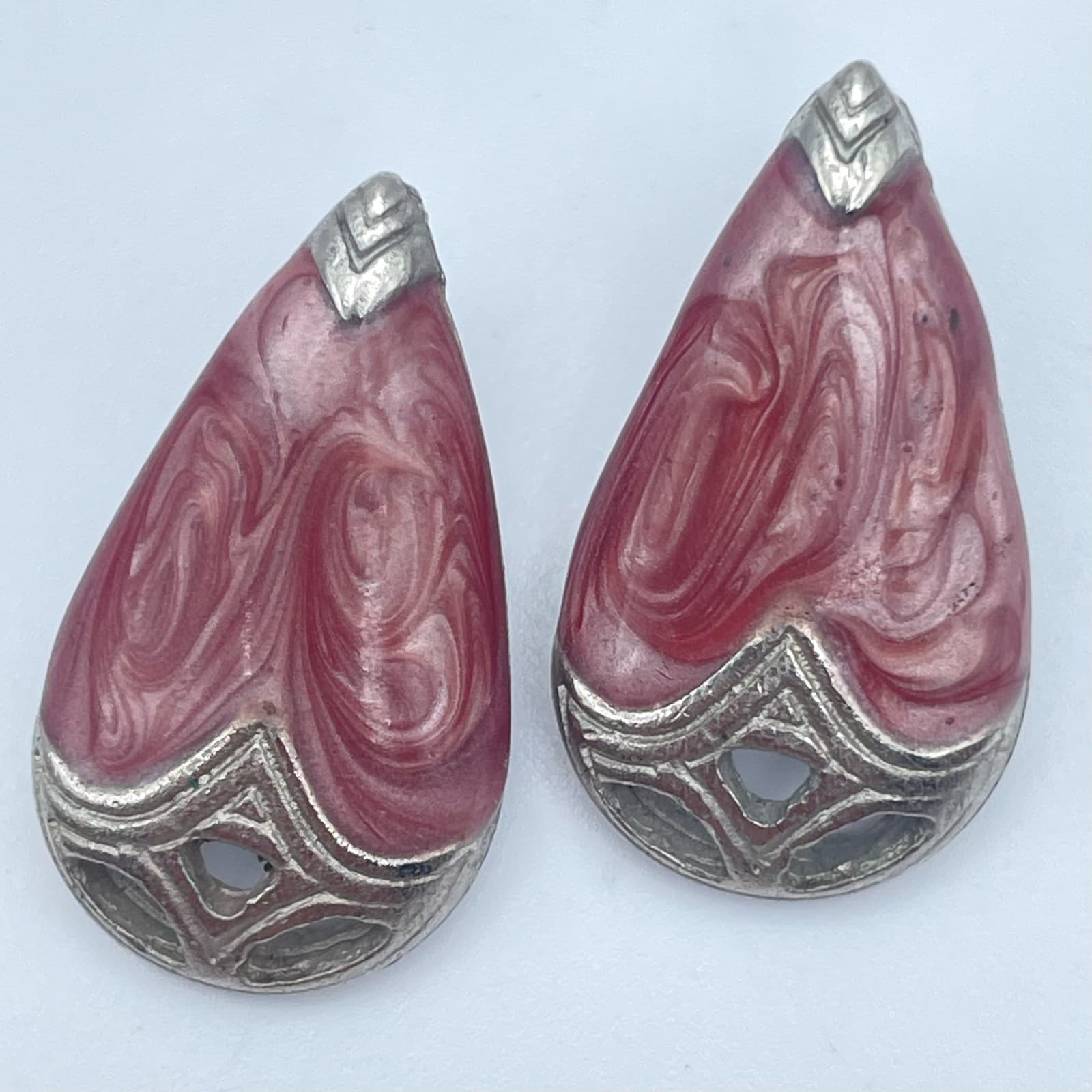 Vintage 90s Pink Swirl Enamel Teardrop Silver Tone Stud Earrings Women's Jewelry - Image 1