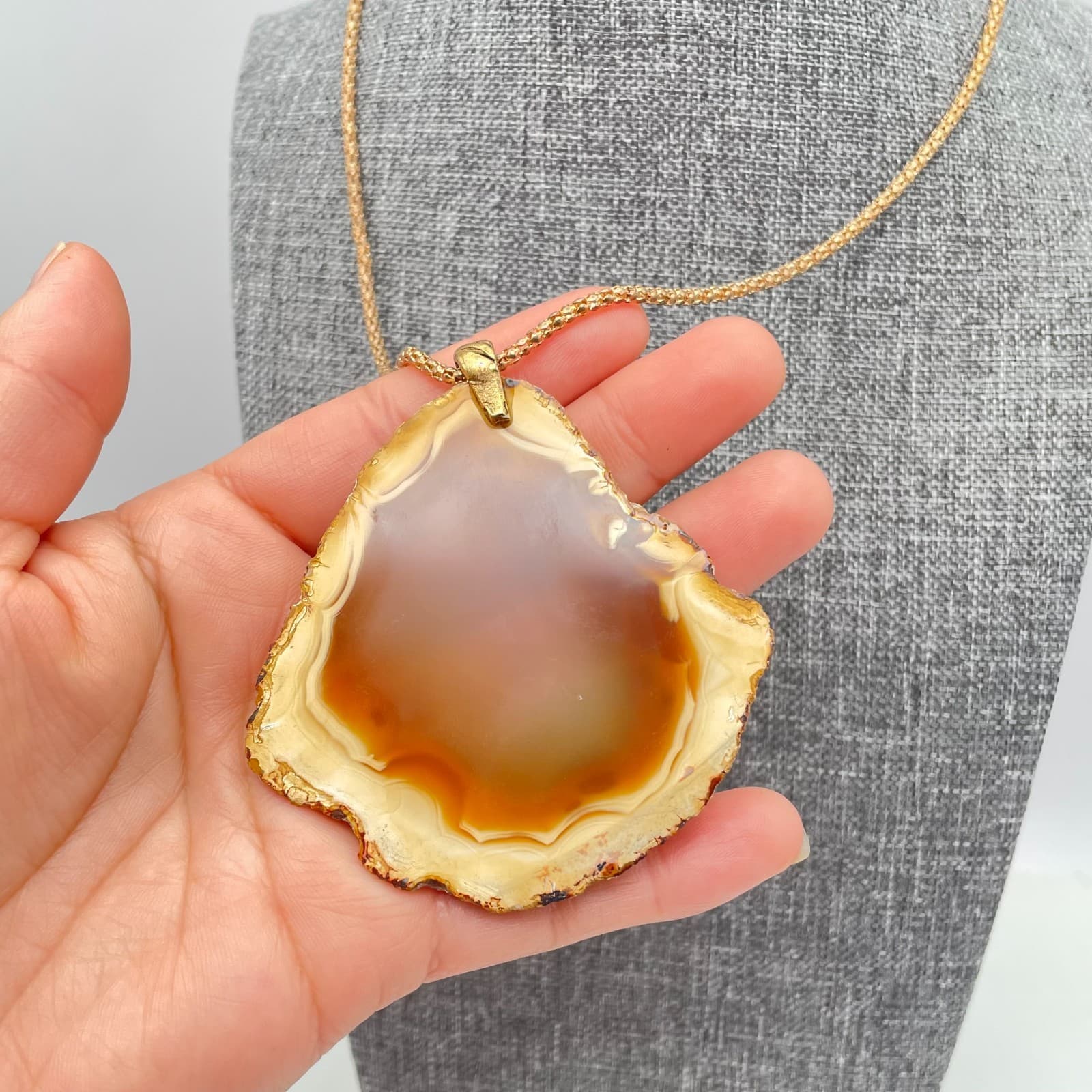 Gold-Tone Popcorn Chain Natural Brazilian Agate Slice Pendant Lobster Necklace - Thumbnail 10