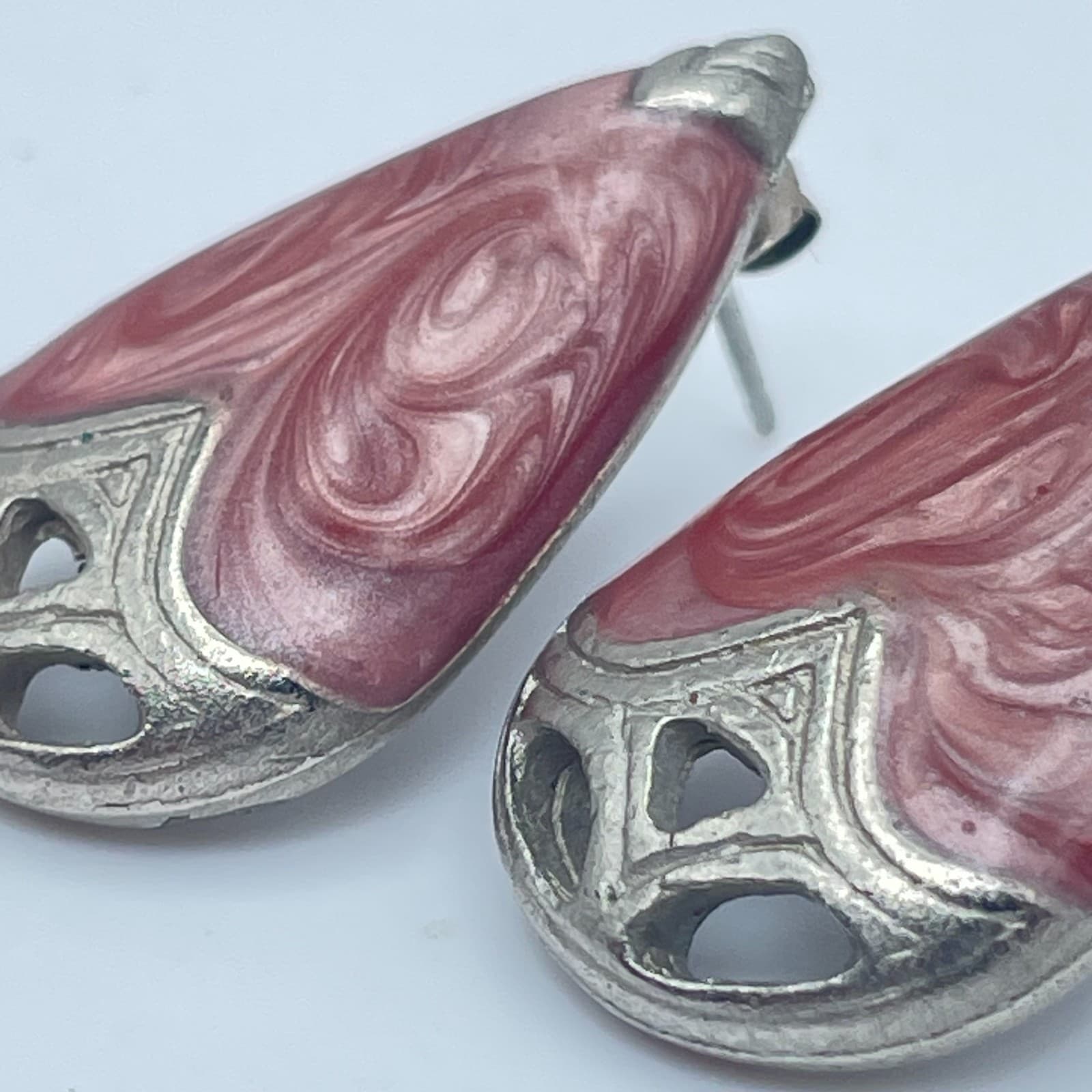 Vintage 90s Pink Swirl Enamel Teardrop Silver Tone Stud Earrings Women's Jewelry - Thumbnail 5
