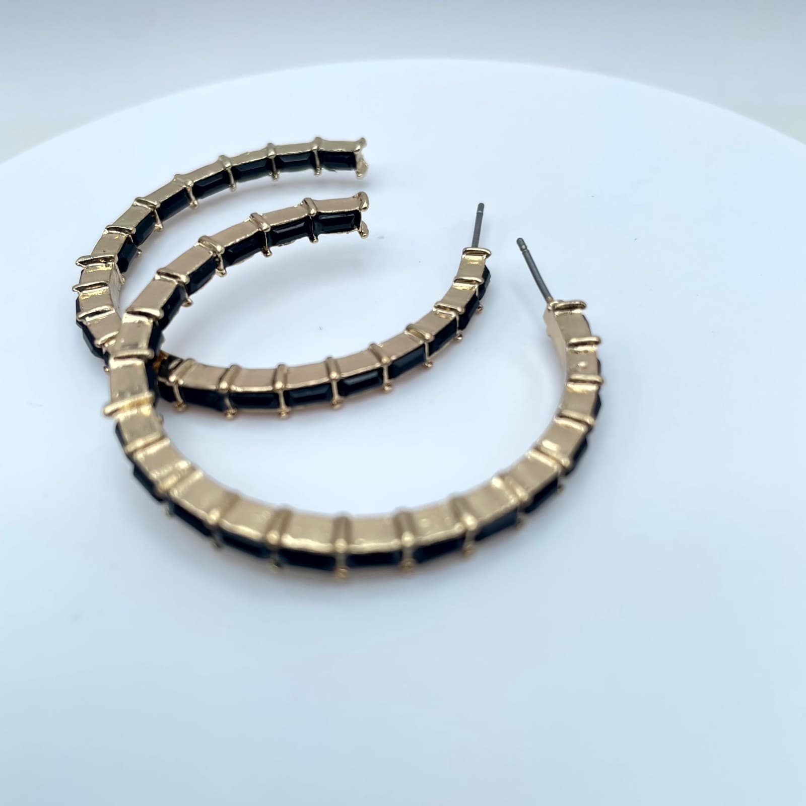 Y2K Art Deco Gold Tone Black Faceted Glass Bezel Beads Inlay Hoop Earrings - Thumbnail 3
