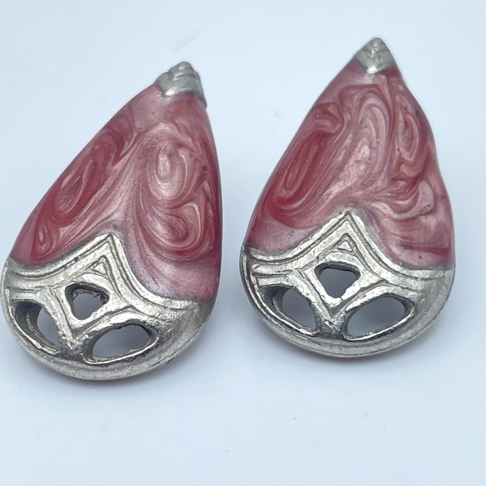 Vintage 90s Pink Swirl Enamel Teardrop Silver Tone Stud Earrings Women's Jewelry - Thumbnail 2
