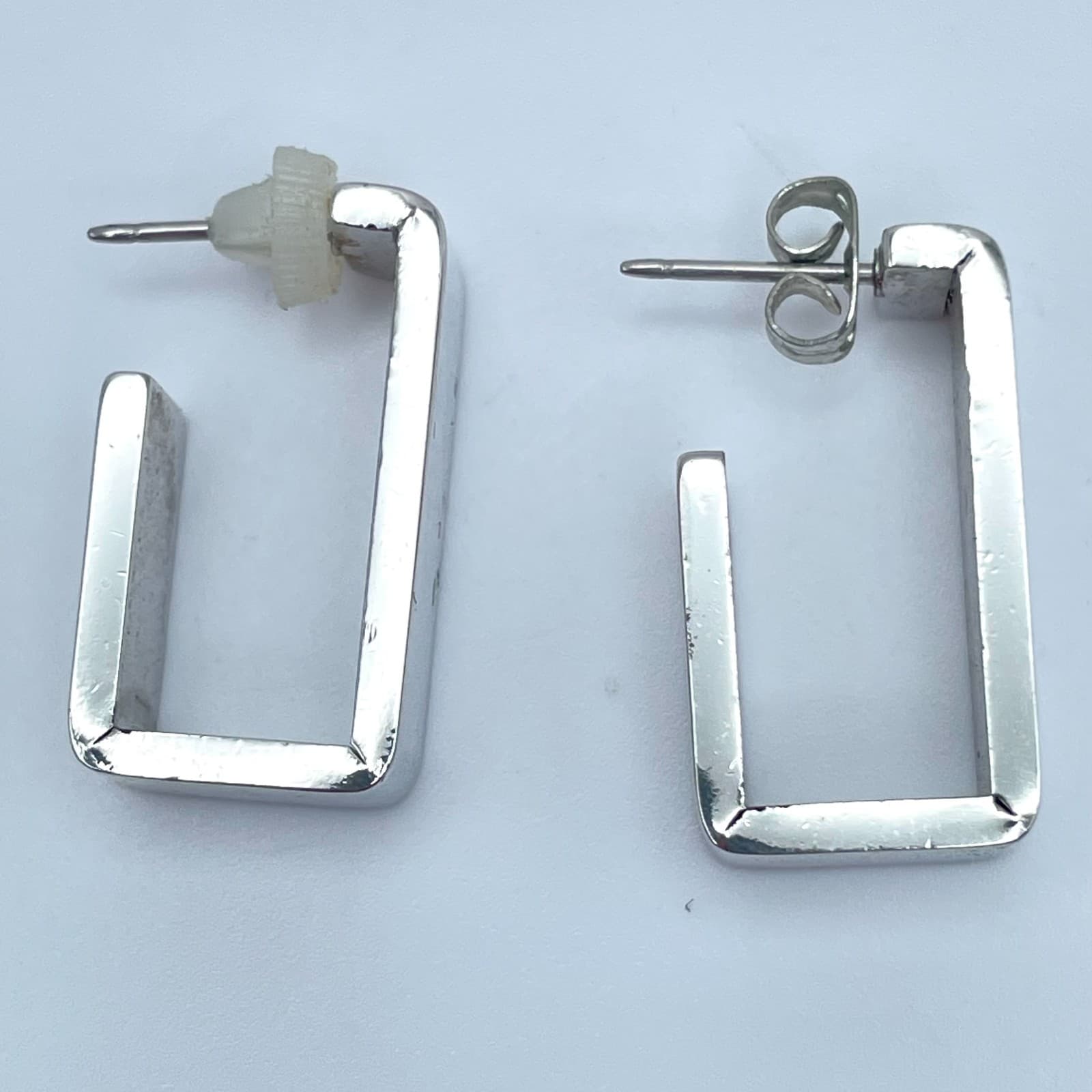 Contemporary Silver-Tone Metal Open Geometric J-Hoop Stud Butterfly-Back Earring - Image 1