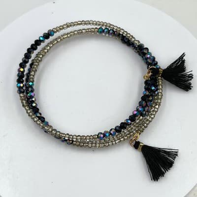 Vintage Black Iridescent Seed Bead Wrap Bracelet Silver Tone Tassel Multi-Strand - Image 1