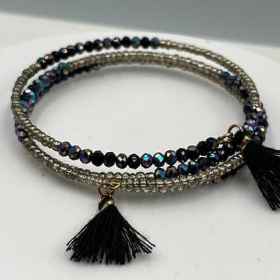 Vintage Black Iridescent Seed Bead Wrap Bracelet Silver Tone Tassel Multi-Strand - Thumbnail 3