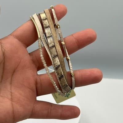 Jane Marie Layered Wrap Bracelet Neutral Leather Beaded Gold JM6278 Snake Print - Thumbnail 4