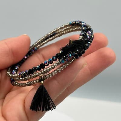Vintage Black Iridescent Seed Bead Wrap Bracelet Silver Tone Tassel Multi-Strand - Thumbnail 6