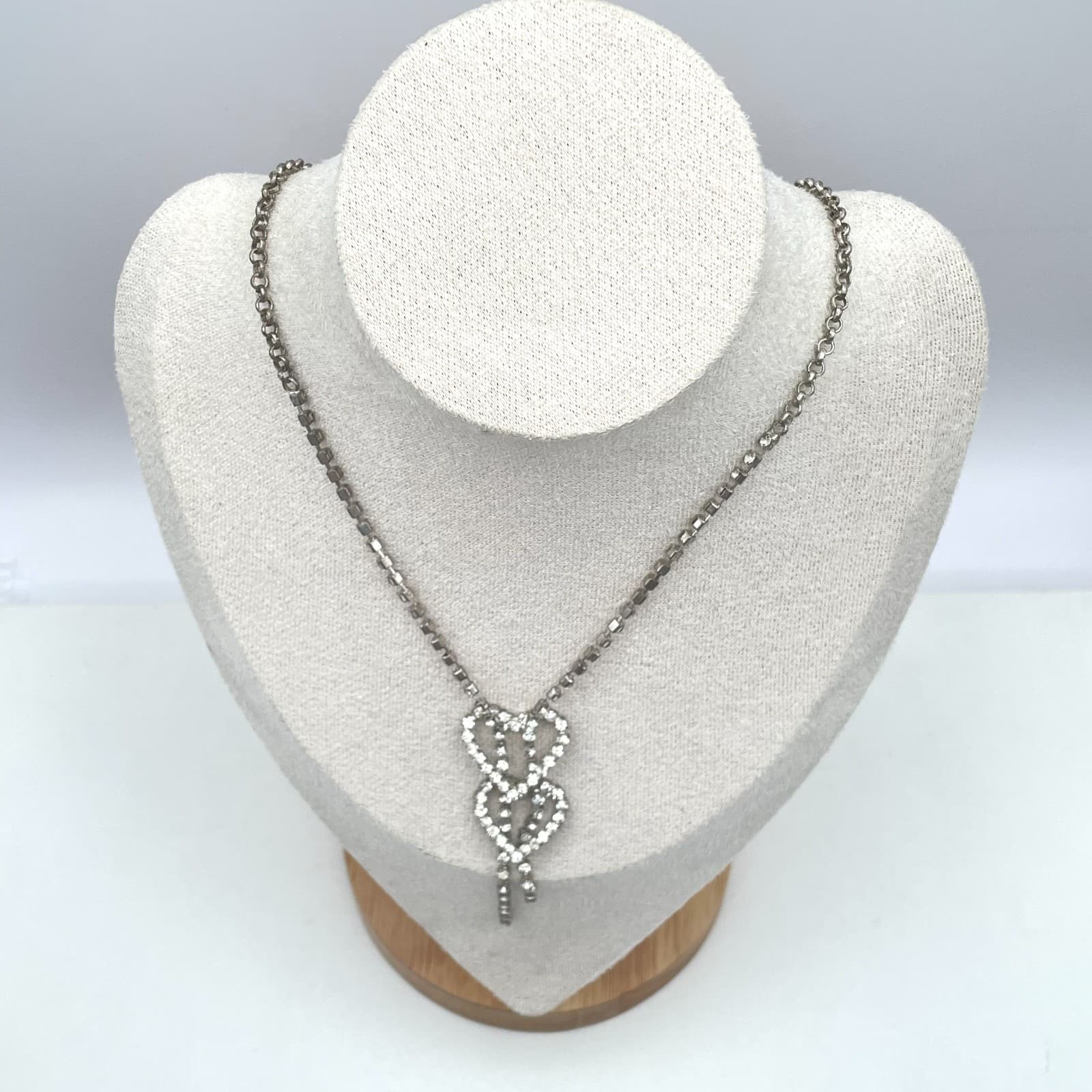 Vintage Silver-Tone Prong Rhinestone Beads Double Heart Pendant Lariat Necklace - Thumbnail 5