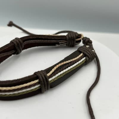 Vintage Brown Multi-Strand Leather Cord Adjustable Bracelet Neutral Earth Tone - Thumbnail 3