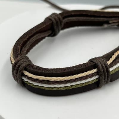 Vintage Brown Multi-Strand Leather Cord Adjustable Bracelet Neutral Earth Tone - Thumbnail 4
