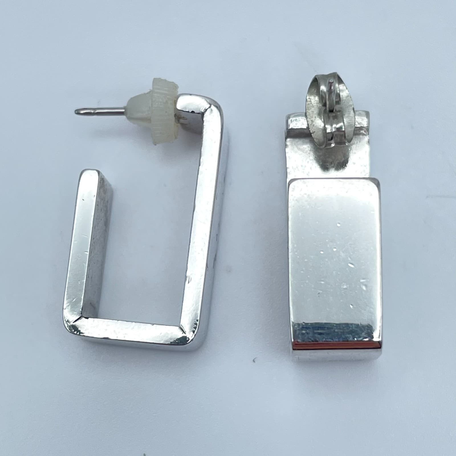 Contemporary Silver-Tone Metal Open Geometric J-Hoop Stud Butterfly-Back Earring - Thumbnail 2