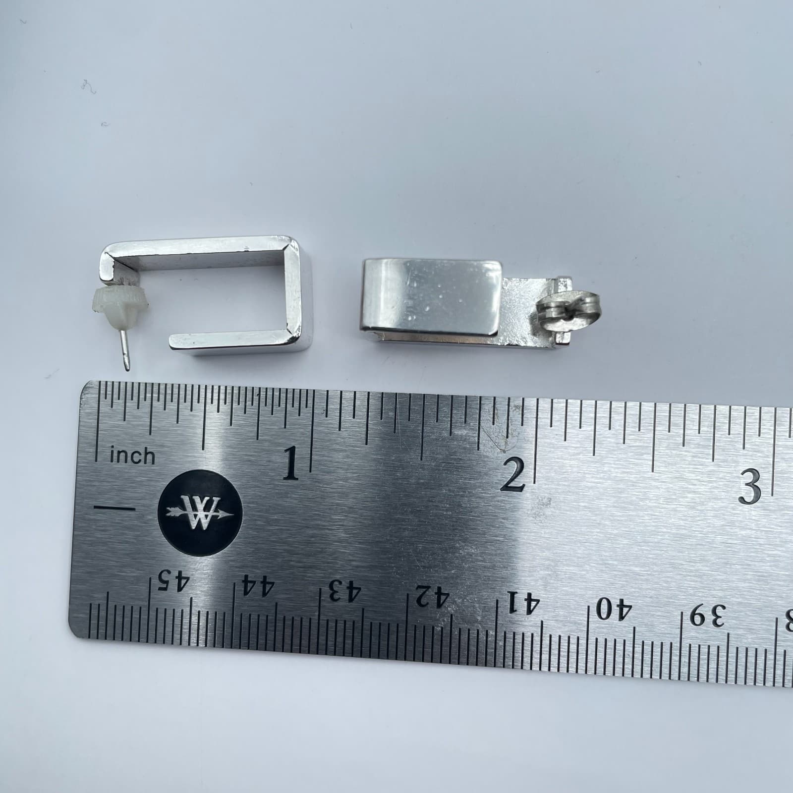 Contemporary Silver-Tone Metal Open Geometric J-Hoop Stud Butterfly-Back Earring - Thumbnail 3