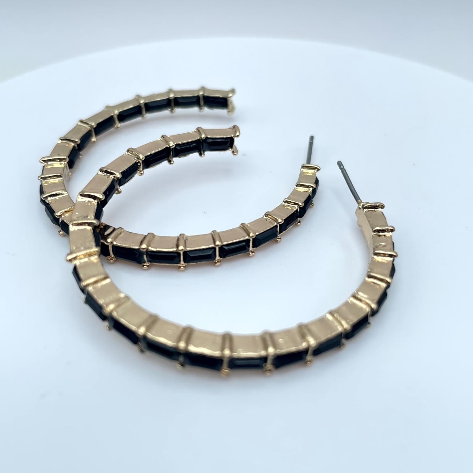 Y2K Art Deco Gold Tone Black Faceted Glass Bezel Beads Inlay Hoop Earrings - Thumbnail 4