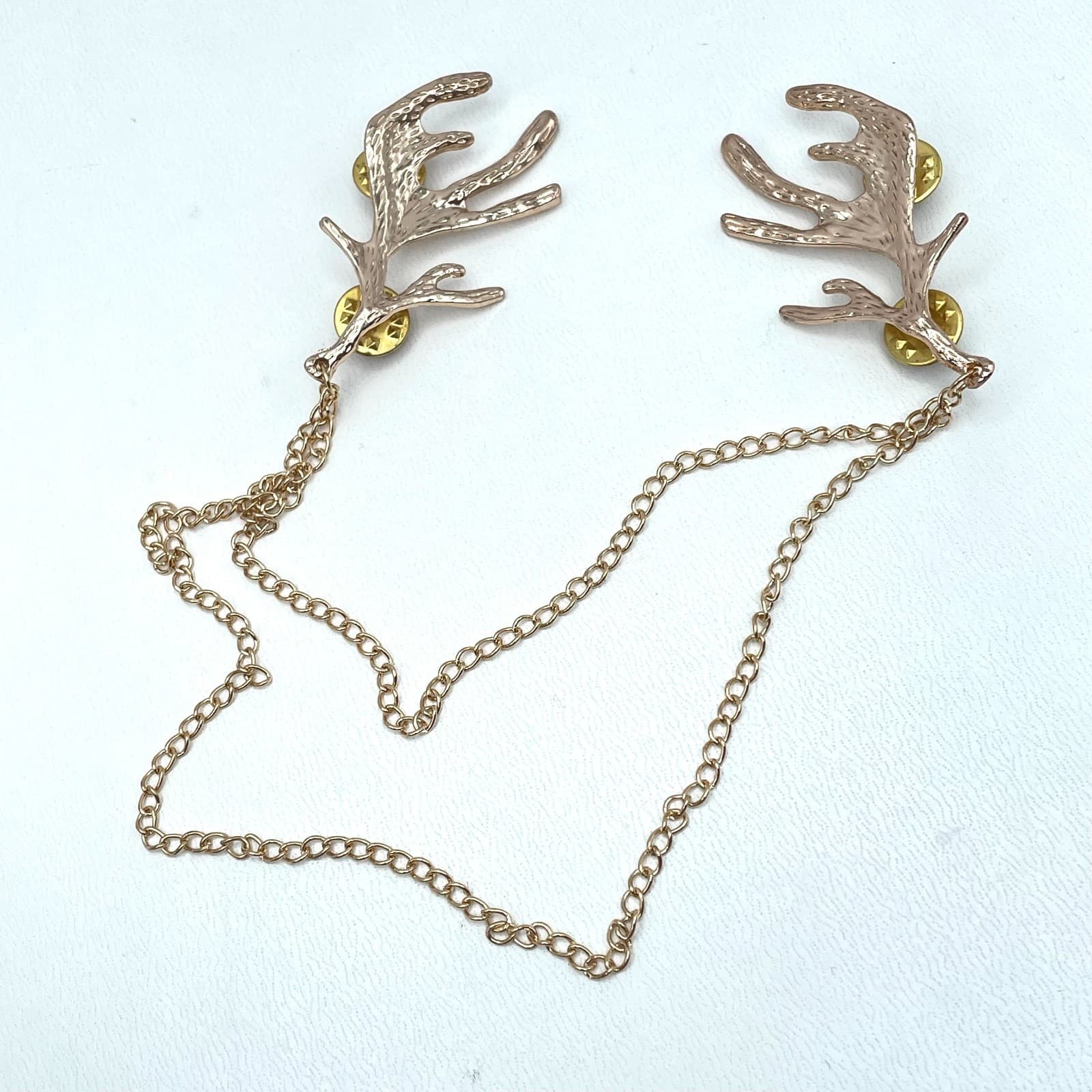 Y2K Gold-Tone Fashion Classic Curb Link Chain Reindeer Head Antler Collar Pins - Thumbnail 6