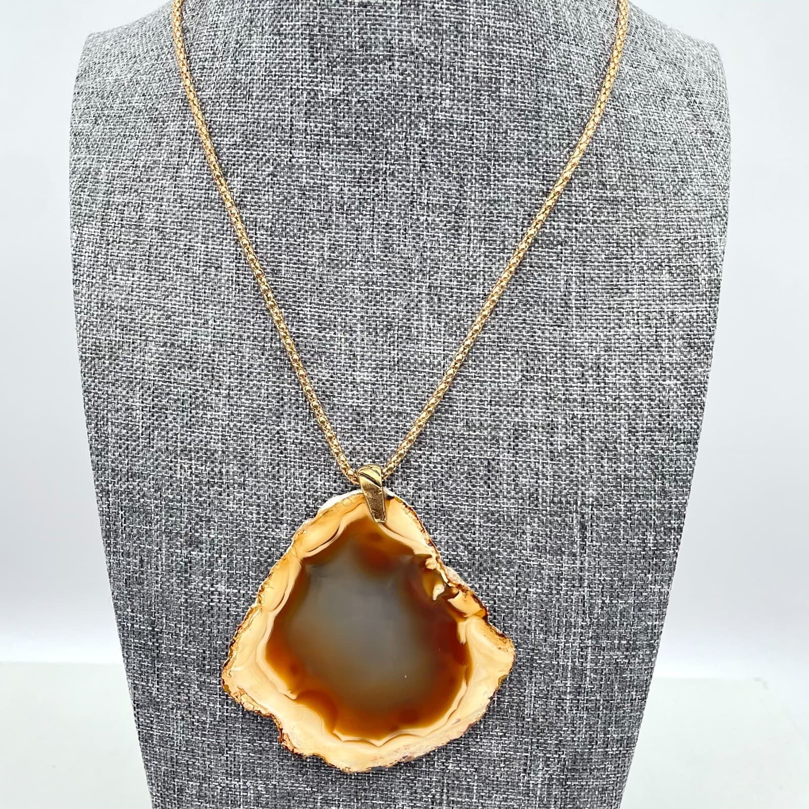 Gold-Tone Popcorn Chain Natural Brazilian Agate Slice Pendant Lobster Necklace - Thumbnail 2